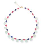 GEMSTONE BEAD NECKLACE set with polished pale blue, blue and red gemstones, 41cm, 27.6g.