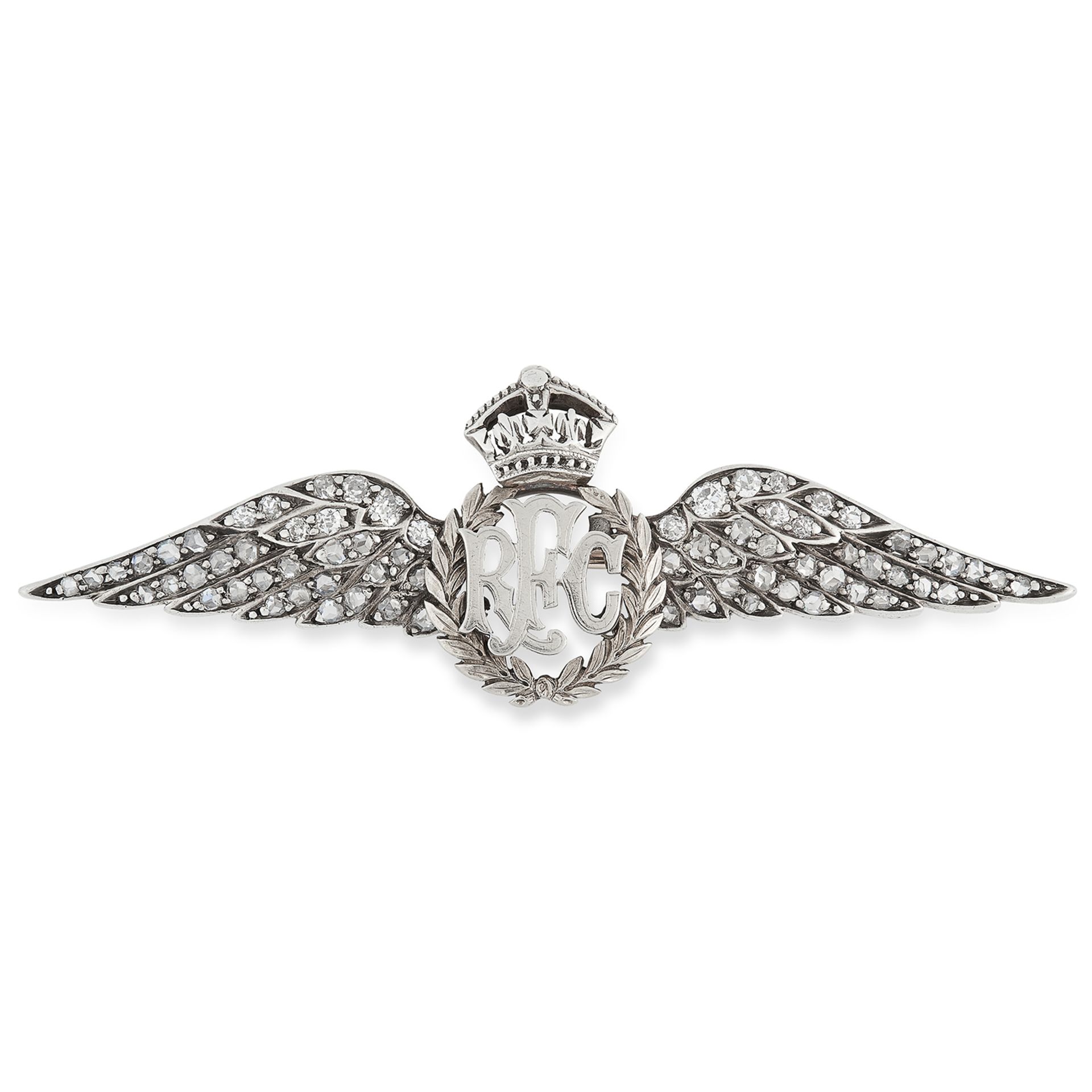 ANTIQUE REGIMENTAL ROYAL FLYING CORPS DIAMOND BROOCH set with rose cut diamonds, 6.9cm, 9.4g.