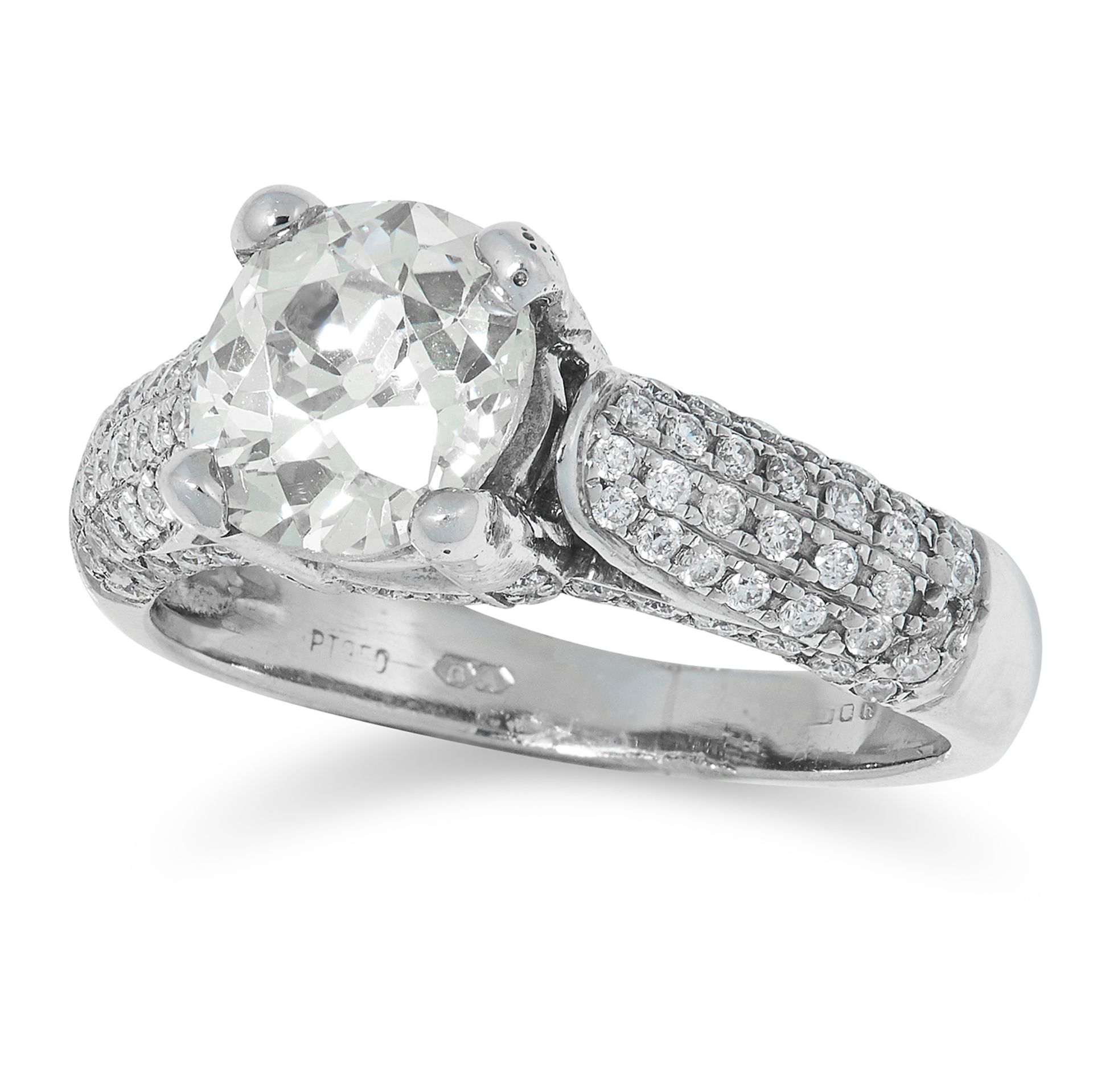 A 2.00 CARAT DIAMOND SOLITAIRE RING set with an old mine cut diamond accented with further pave