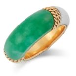 AN ANTIQUE JADE AND IVORY RING, BOUCHERON set with a piece of polished jade between two pieces of