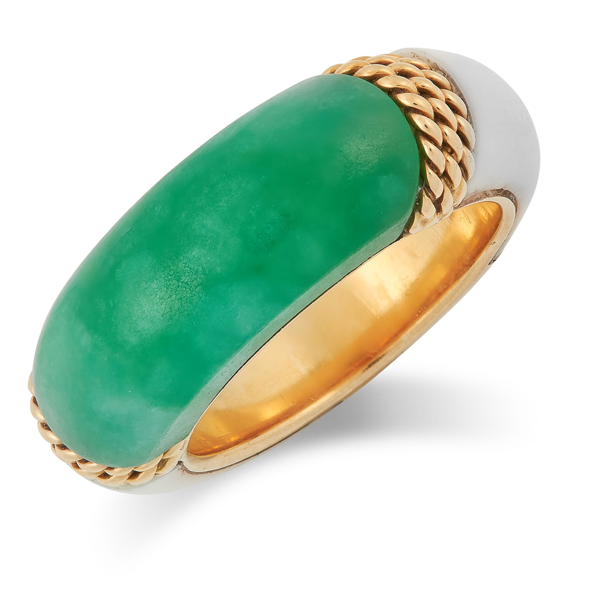 AN ANTIQUE JADE AND IVORY RING, BOUCHERON set with a piece of polished jade between two pieces of