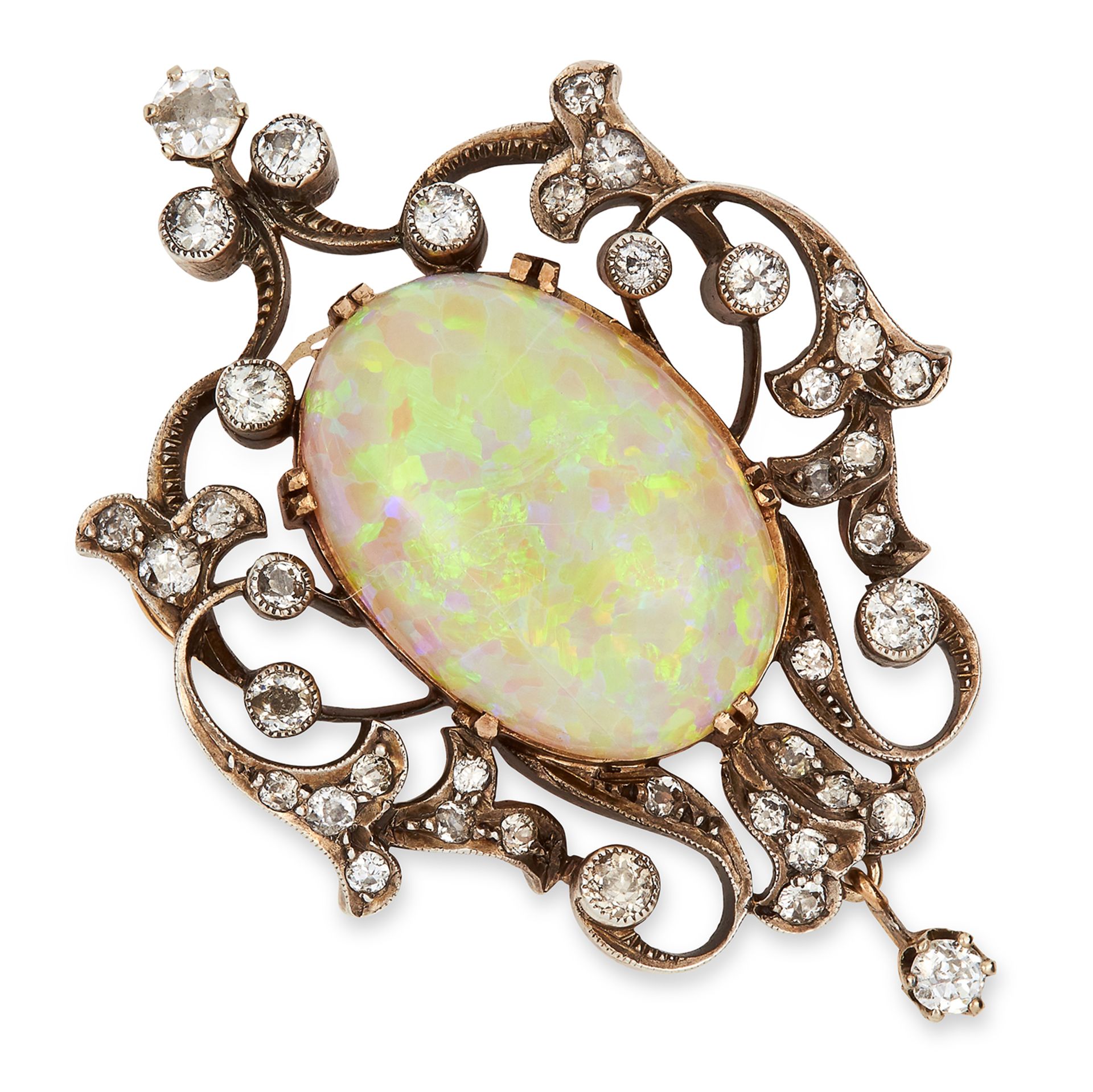 AN ANTIQUE OPAL AND DIAMOND PENDANT CIRCA 1870 set with an oval cabochon opal of 19.63 carats and