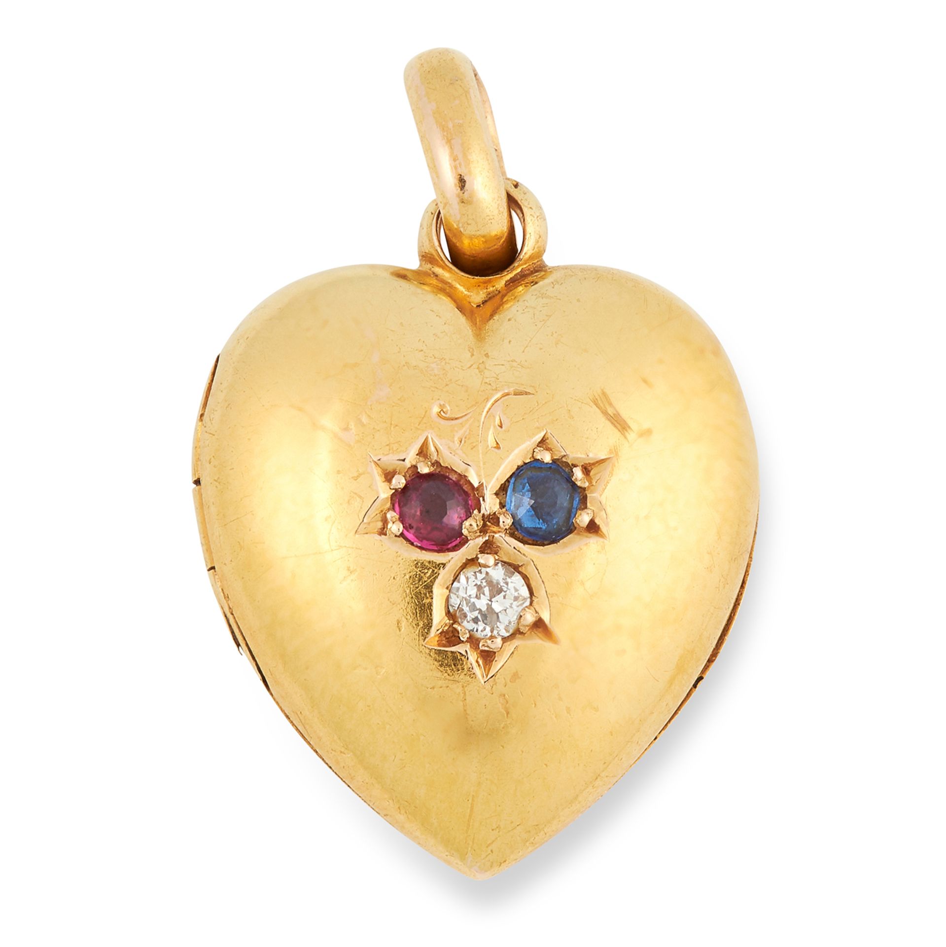 ANTIQUE GEMSET HEART LOCKET set with a round cut ruby, a round cut sapphire and a round cut diamond,