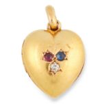 ANTIQUE GEMSET HEART LOCKET set with a round cut ruby, a round cut sapphire and a round cut diamond,