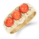 A CORAL AND DIAMOND RING set with a trio of coral cabochons and rose cut diamonds, size N / 6.75,