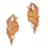 A PAIR OF VINTAGE DIAMOND EARRINGS in leaf design set with round cut diamonds, 3.8cm, 13.2g.