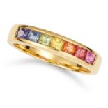 A COLOURED SAPPHIRE RING set with square cut multi colour sapphires, size M / 6, 3.9g.