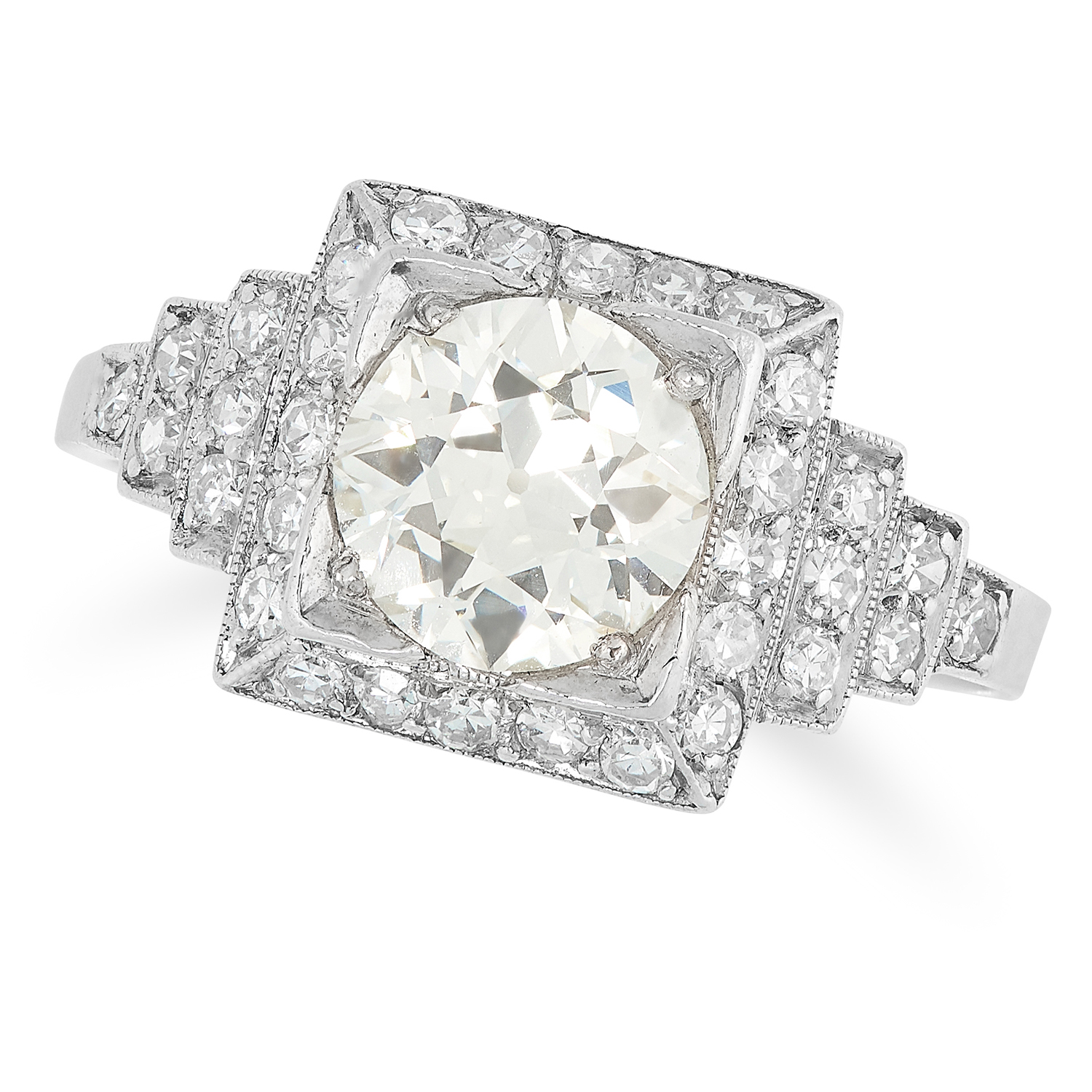 AN ART DECO DIAMOND DRESS RING set with a round cut diamond of 1.15 carats in a border of further