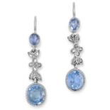 A PAIR OF ANTIQUE CEYLON SAPPHIRE AND DIAMOND EARRINGS set with oval cut sapphires totalling 6.0-6.5