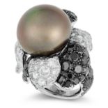 A PEARL AND WHITE AND BLACK DIAMOND FLOWER RING, DE GRISOGONO set with a central pearl of 19.7mm,