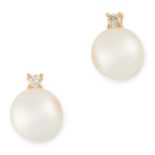 A PAIR OF PEARL AND DIAMOND EARRINGS each set with a pearl below a round cut diamond, 1cm, 2.9g.