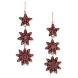 A PAIR OF ANTIQUE GARNET DROP EARRINGS, 19TH CENTURY each designed as a trio of graduated floral