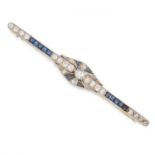 AN ANTIQUE SAPPHIRE AND DIAMOND BAR BROOCH set with round cut diamonds and calibre cut sapphires,