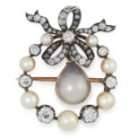 AN ANTIQUE NATURAL SALTWATER PEARL AND DIAMOND BOW BROOCH set with pearls and old cut diamonds,