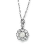 A DIAMOND AND PEARL FLOWER PENDANT AND CHAIN set with a pearl and round cut diamonds, 1.5cm, 3.5g.