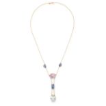 AN ANTIQUE PINK TOPAZ, AQUAMARINE AND SAPPHIRE NECKLACE set with oval cut aquamarine, pink topaz and