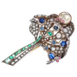 ANTIQUE GEMSET FLOWER SPRAY BROOCH set with sapphires, emeralds, diamond, rubies and citrine, 7.7cm,