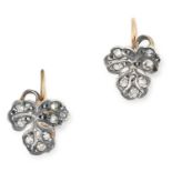 A PAIR OF ANTIQUE DIAMOND LEAF EARRINGS set with old cut diamonds, 1.6cm, 2g.