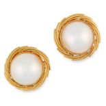 MABE PEARL EARRINGS the mabe pearl set in a twisted gold border, 2cm, 10.3g.