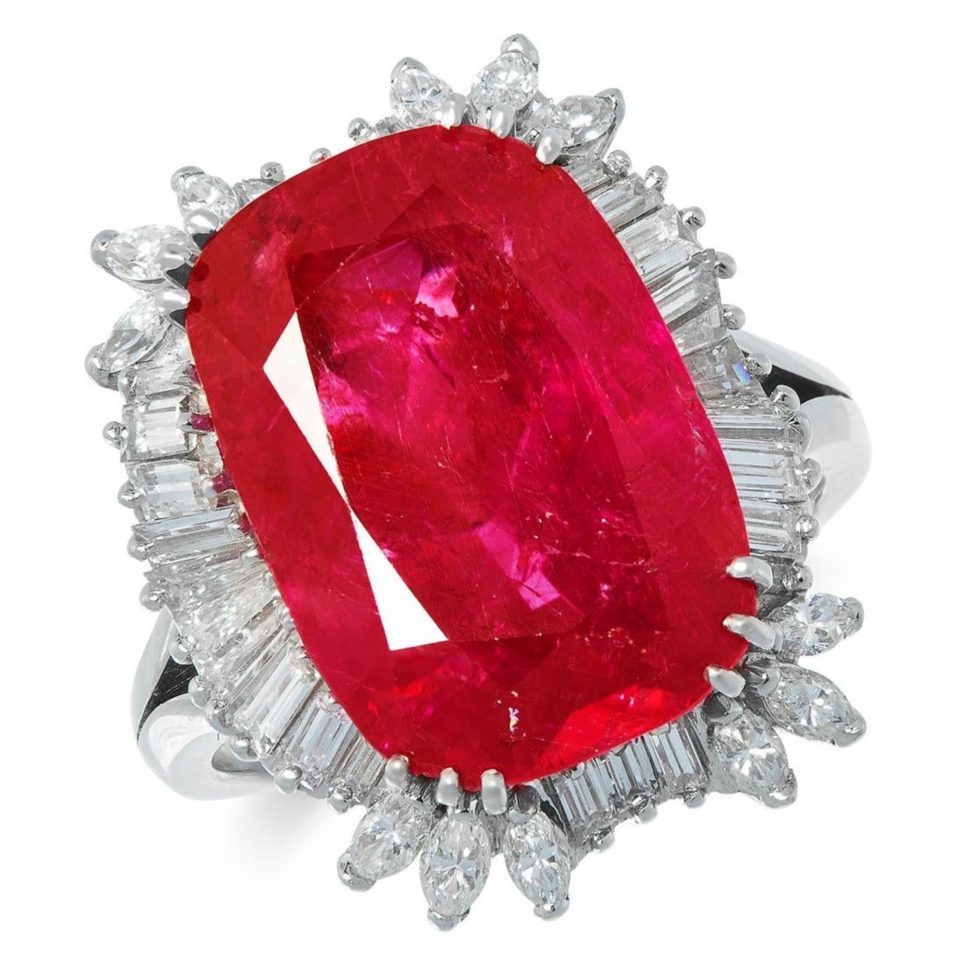 A BURMA NO HEAT RUBY AND DIAMOND RING set with a cushion cut ruby of 14.67 carats encircled by a - Bild 2 aus 5