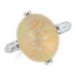 AN OPAL AND DIAMOND RING set with a cabochon opal between two baguette cut diamonds, size O / 7,