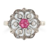 RUBY, DIAMOND AND ENAMEL RING set with a cabochon ruby in a border of white enamel and round cut