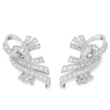 A PAIR OF DIAMOND CLIP EARRINGS set with round and baguette cut diamonds, 3.5cm, 14.4g.