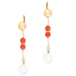 CORAL BEAD EARRINGS each set with polished coral and white gemstone beads, 8cm, 13.8g