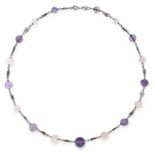 AN ARTS AND CRAFTS ROSE QUARTZ AND AMETHYST NECKLACE set with polished rose quartz and amethyst