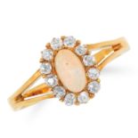 AN ANTIQUE OPAL AND DIAMOND CLUSTER RING set with a cabochon opal in a cluster of old cut