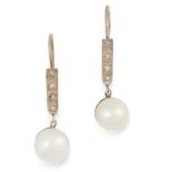 PEARL AND DIAMOND DROP EARRINGS each set with a row of round cut diamonds suspending a pearl drop,