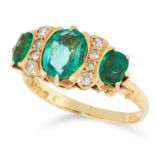 AN EMERALD AND DIAMOND RING set with oval cut emeralds and single cut diamonds, size M / 6, 4.2g.