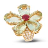 AQUAMARINE, RUBY AND DIAMOND FLOWER RING, BVLGARI set with five pear cut aquamarines, a central