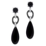 ONYX AND DIAMOND DROP EARRINGS each set with polished onyx, round cut diamonds and a polished onyx