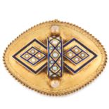 AN ANTIQUE ENAMEL AND PEARL MOURNING BROOCH of navette form, set with blue enamel and seed pearls,