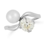 A PEARL AND DIAMOND TOI ET MOI RING set with a pearl and an old cut diamond of approximately 1.46