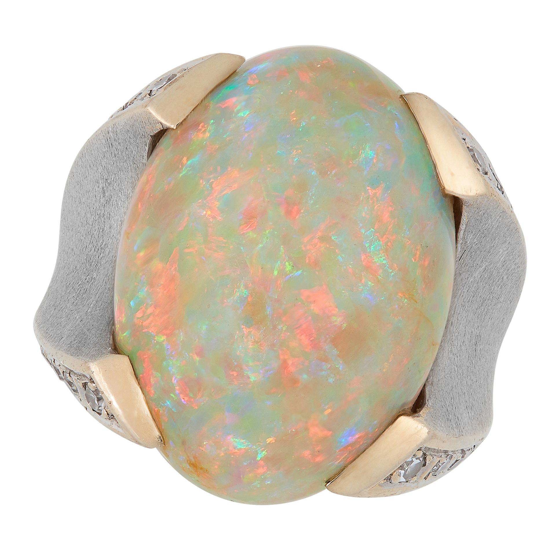 OPAL AND DIAMOND DRESS RING set with a cabochon opal and round cut diamonds, size O / 7, 24.9g. - Bild 2 aus 2