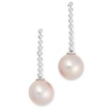 A PAIR OF DIAMOND AND PINK PEARL DROP EARRINGS set with round cut diamonds and pink pearls, 4cm, 8.