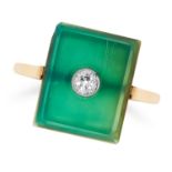 ART DECO AGATE AND DIAMOND DRESS RING the polished green agate set with a central old cut diamond,