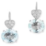 A PAIR OF AQUAMARINE AND DIAMOND EARRINGS each set with round cut diamonds above an oval cut