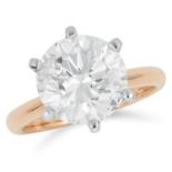 A 4.23 CARAT SOLITAIRE DIAMOND RING set with a round cut diamond of approximately 4.23 carats,