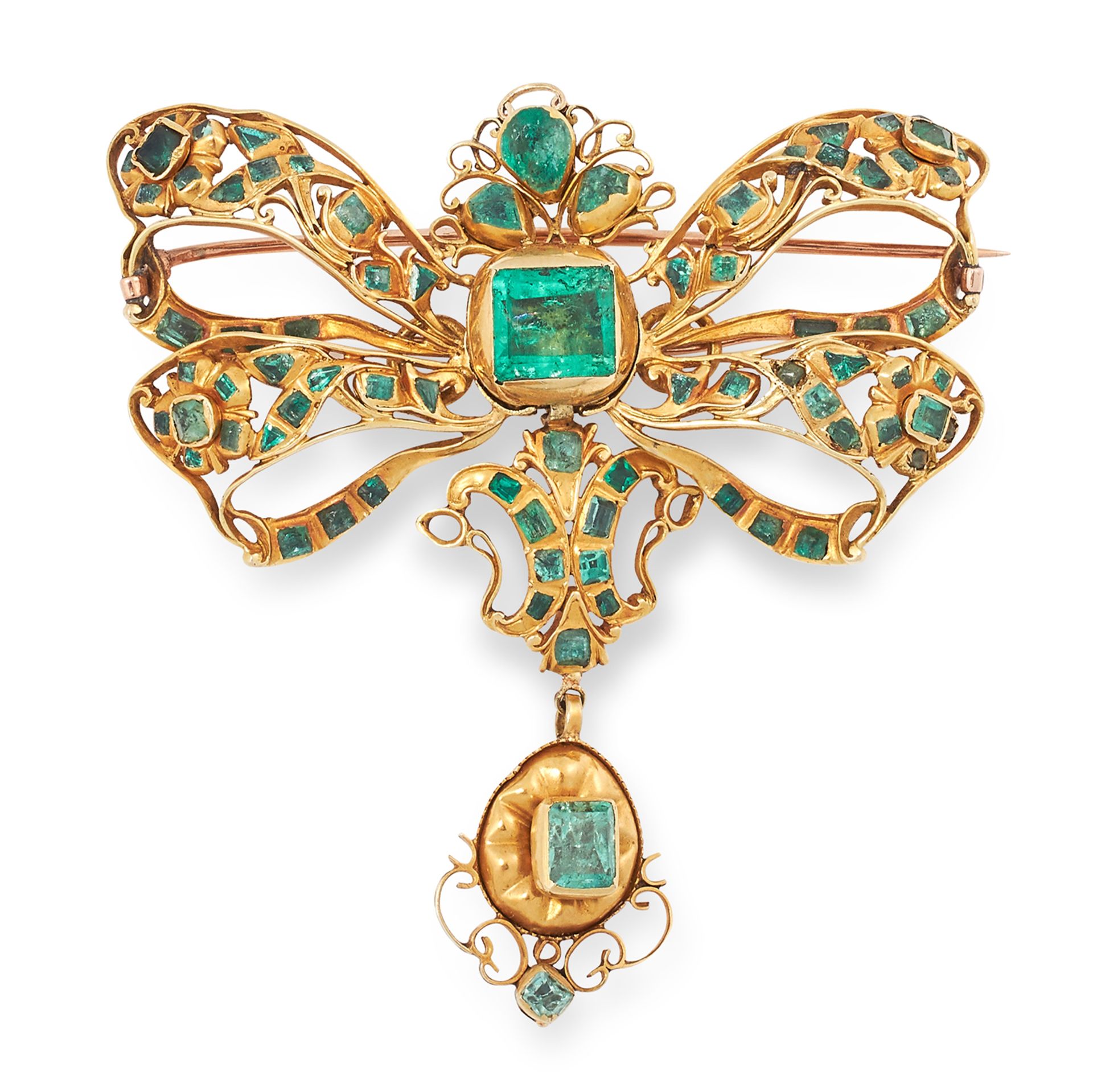 ANTIQUE SPANISH EMERALD BOW BROOCH, 18TH CENTURY set with emerald cut and pear cut emeralds, 6.