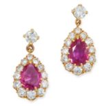 A PAIR OF BURMA RUBY AND DIAMOND DROP EARRINGS set with pear cut rubies totalling 1.61 carats and