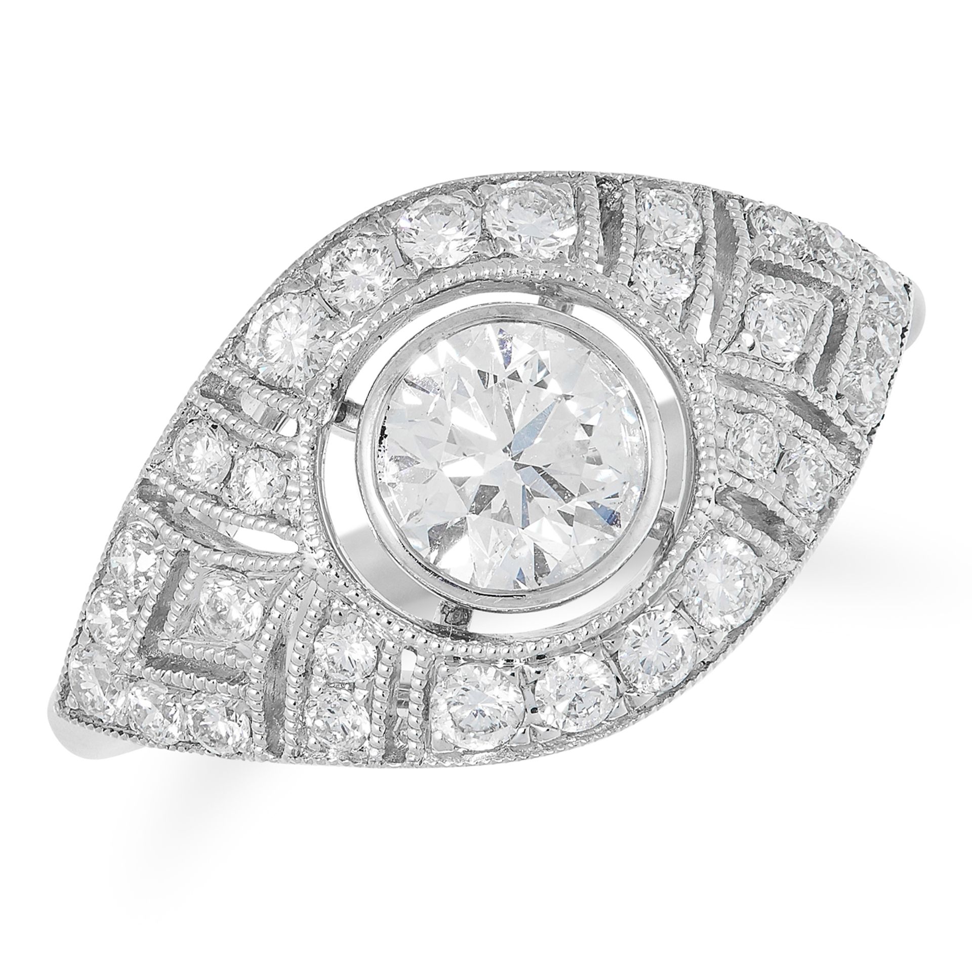 A DIAMOND DRESS RING in Art Deco style, set with a central round cut diamond of 0.65 carats, the