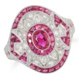 A RUBY AND DIAMOND DRESS RING set with a central oval cut ruby in halos of calibre cut rubies and