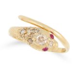 AN ANTIQUE RUBY AND DIAMOND SNAKE RING set with old cut diamonds and rubies, size O / 7, 4.1g.