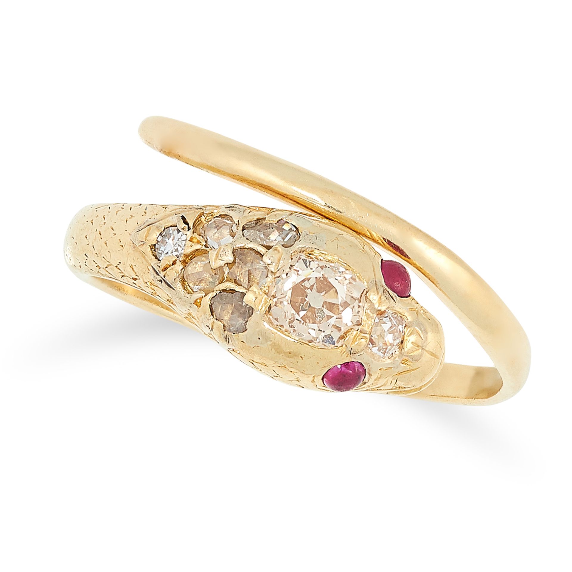 AN ANTIQUE RUBY AND DIAMOND SNAKE RING set with old cut diamonds and rubies, size O / 7, 4.1g.