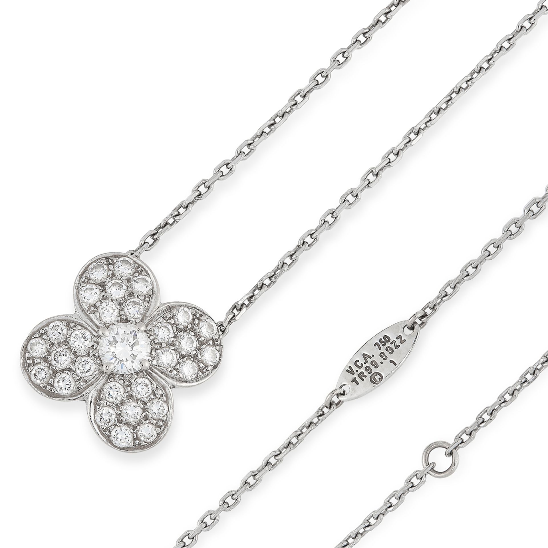 A DIAMOND TREFLE NECKLACE, VAN CLEEF & ARPELS the quatrefoil flower motif set with a central round