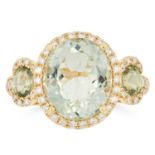 A GREEN AMETHYST AND DIAMOND RING set with three oval cut green amethyst in a border of round cut