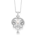 AN ANTIQUE, BELLE EPOQUE DIAMOND AND PEARL PENDANT set with a central pearl, transitional cut